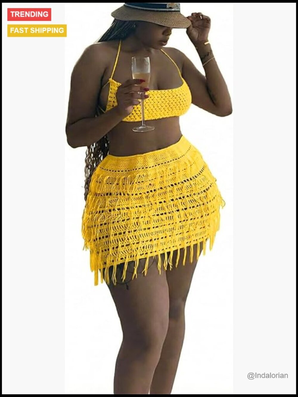 Women 2 Piece Outfits Sexy Crochet Mini Dress Tassel Skirt Set Tube Top Summer